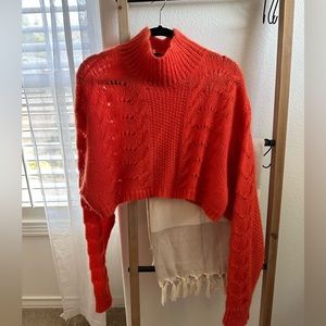 Free People Fuzzy Orange Cable Knit Turtleneck Crop Sweater
